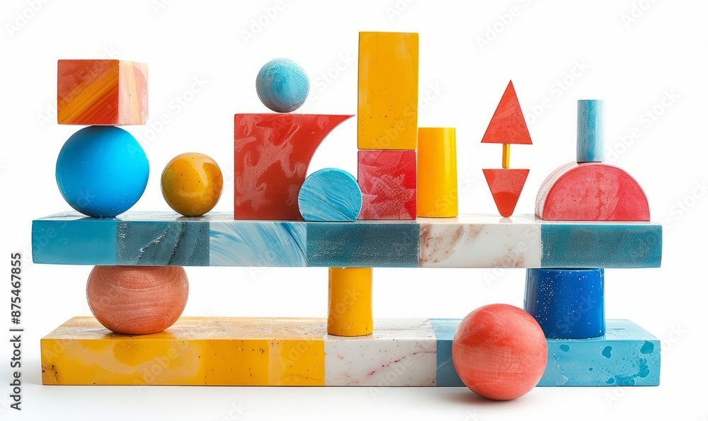 Poster set of colorful objects of different geometric shapes balancing while placed on white background