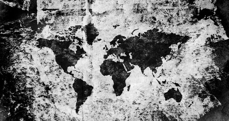 World map on old vintage rough black and white paper. Continents and countries layered with paint and ink.