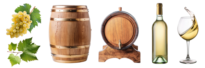 white grapes, wine barrel, bottle of white wine, glass of white wine