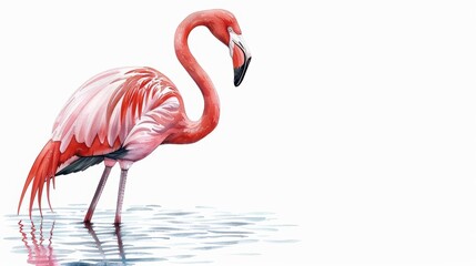 Fototapeta premium A vibrant watercolor painting of a flamingo, highlighting its elegant stance and pink feathers reflected in calm waters, isolate on white background with copy space