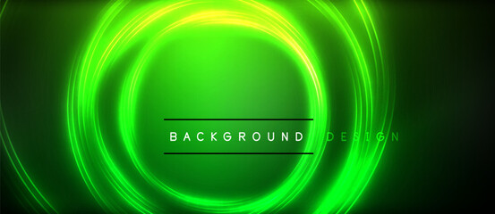 Neon glowing circle rays, light round lines in the dark, planet style neon wave lines. Energetic electric concept design for wallpaper, banner, background