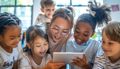 Smiling teacher with diverse group of happy young students using a tablet in classroom
