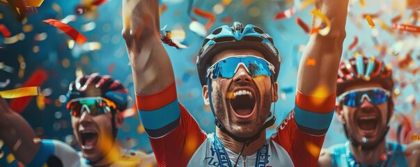 Cycling team posing with gold medals, celebratory moment, focus on, teamwork theme, vibrant, fusion, team bus backdrop