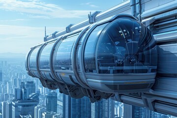 An advanced urban transport system includes floating platforms and enchanted elevators that rise through the skyline
