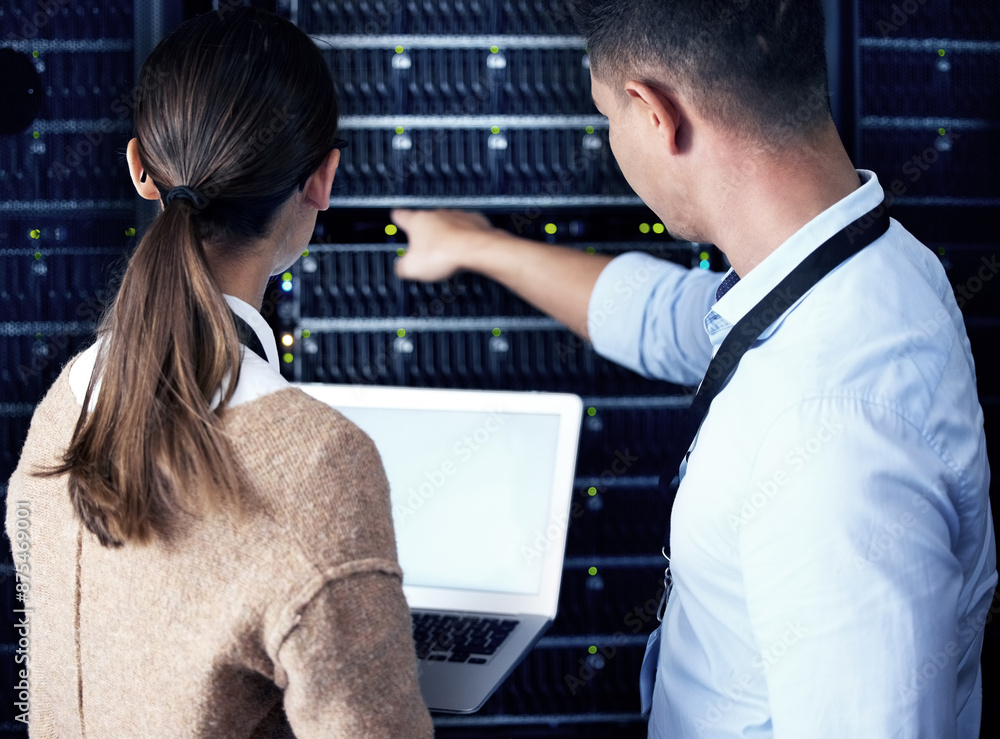 Poster Team, data center and people with laptop, computer engineer and mockup space for collaboration as network. Technician, back and hardware in server room for system update, maintenance and it security
