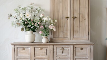 Two vases of white flowers on wooden dresser with drawers