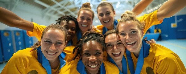 Field hockey team posing with gold medals, celebratory moment, focus on, teamwork theme, vibrant, fusion, locker room backdrop
