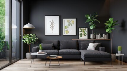 Charcoal sofa modern chic decor, chic modern living, bold and stylish