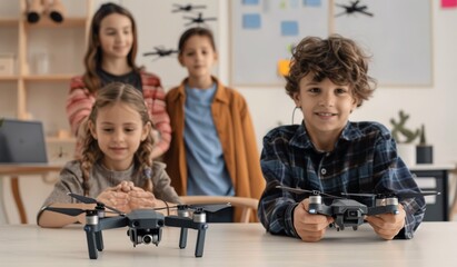 Children learning with drone technology in classroom setting
