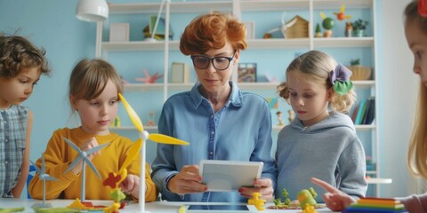 Teacher using a tablet to engage with diverse students in a fun classroom activity