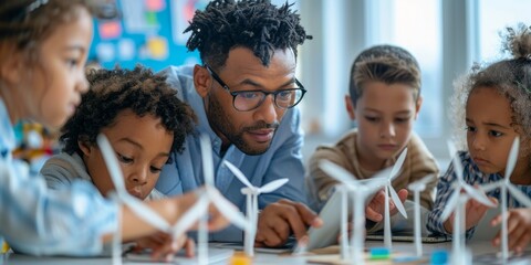 Teacher explaining science concepts to diverse students in classroom with wind turbines