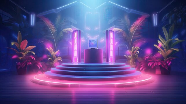 Neon-lit podium in a vibrant 3D nightclub scene, ideal for trendy tech products and youthful brand promotions
