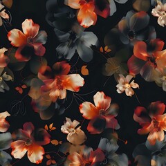 Botanical Art Inspired Seamless Pattern with Red and Orange Flowers
