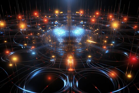 Quantum computing visualization with qubits and entanglement, suitable for advanced computing technology seminars