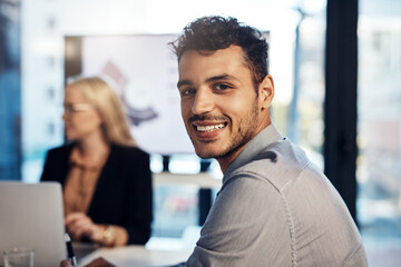 Obraz premium Boardroom, portrait and man in meeting, corporate training and workshop for project feedback. Office, coworker or male consultant with smile for networking, professional growth and business confident
