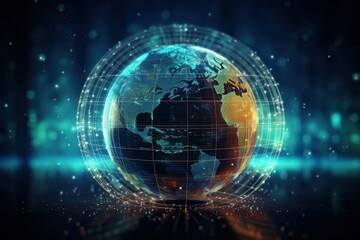 Obraz premium Tech-infused earth globe with dynamic data points, perfect for illustrating global data distribution or international communication