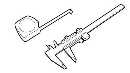 A line drawing showing a tape measure and vernier caliper measuring tools