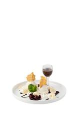 ice cream, white plate, fruits, cutout object, clipping, transparent background, graphic design, advertising, presentation, modern design.
