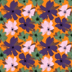 Digital Hand Painting Abstract Watercolor Poppy Pansy Medium Ditsy Flowers and Leaves Seamless Pattern Isolated Background