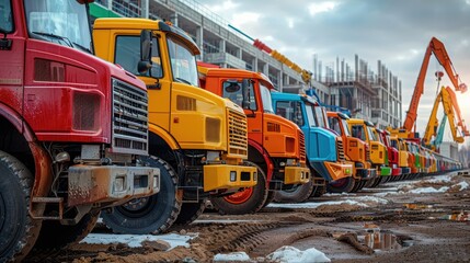 A range of multicolored trucks, including reds, oranges, and yellows, stationed at a construction area featuring busy cranes and partially-completed buildings in the distance.