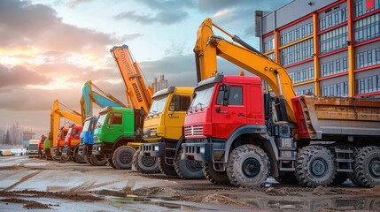 Multiple excavators and trucks are lined up and ready for a day's work at a construction site as the sun rises, illuminating the bustling scene.