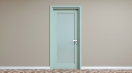 Charming light green double door with frosted glass panels, beige walls, and wood-grain floors, modern and warm design, focus cover all object, deep dept of field