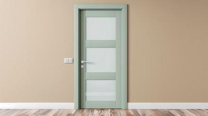 Charming light green double door with frosted glass panels, beige walls, and wood-grain floors, modern and warm design, focus cover all object, deep dept of field