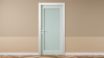 Charming light green double door with frosted glass panels, beige walls, and wood-grain floors, modern and warm design, focus cover all object, deep dept of field