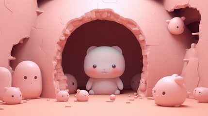 Cute 3D cat in a whimsical pink world, surrounded by playful blob-like creatures.