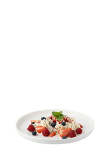 ice cream, white plate, fruits, cutout object, clipping, transparent background, graphic design, advertising, presentation, modern design.