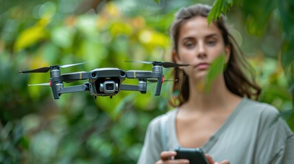 A young woman, focused and engaged, operates a high-tech drone in a lush, green environment, showcasing both technology and nature in harmony.