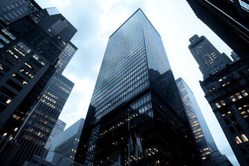 Fototapeta premium Modern skyscrapers looking upward, showcasing urban architecture