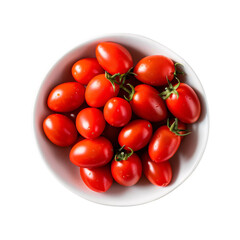 Cherry tomatoes on vine against white background, fresh and ripe tomato bunch, healthy vegetable and organic food concept