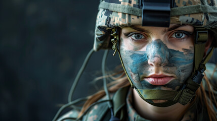 Close-up of a determined female soldier in camouflage face paint and helmet, highlighting her fierce blue eyes and combat readiness.