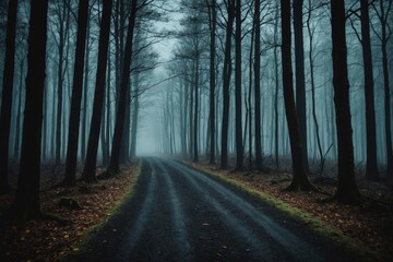 Fototapeta premium Mysterious dark forest. dark and moody forest road covered in mist. halloween night background. Horror landscape of dark forest with scary tree