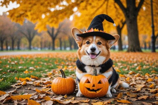 cute corgi dog in fancy black hat sitting in autumn park with pumpkin for halloween