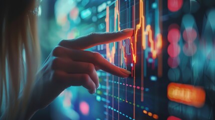 Woman finger touch forex diagrams and stock market data with lines