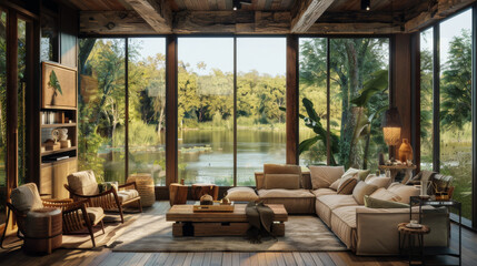 Interior of a modern living room in a lake house. Scandivian living room design with large panoramic windows and a cozy sofa. Fashion, interior concept.