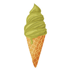 Matcha or pistachio ice cream in a waffle cone Colorful cold summer dessert. Matcha tea Frozen treat Hand drawn flat style, Delicious dessert cheerful and summery appearance. Vector illustration