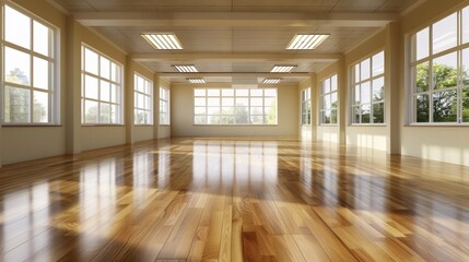 A large room with wooden floors and lots of windows. Generate AI image