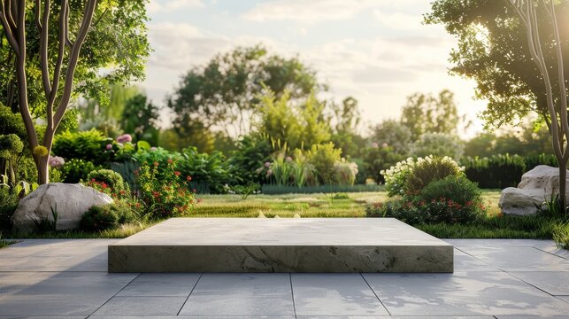 an empty natural stone podium on a patio with a view of a summer garden. 