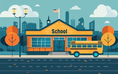 school, building, back to school, illustration, bus