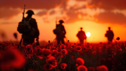 Fototapeta premium a detachment of soldiers of the first world wave walks through a poppy field