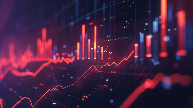 A bright graph showing an increase or decrease in investment on a dark background. Red diagram on a dark background. Business and analysis concept.