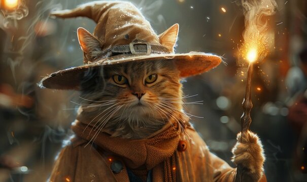 A wizard cat. A cat in a hat holding a glow stick.