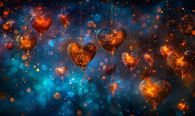 a photo of many beautiful hearts connected with electric wires in space, stars, fireflies, blue, turquoise blue, purple, fire orange glowing colors