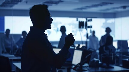 Manager silhouette in a telecommunications office, directing support team, front angle, photorealistic