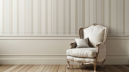 A white chair sits in front of a white wall. Generate AI image