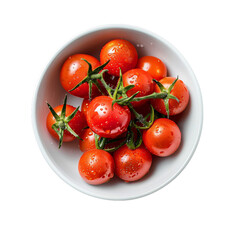 Cherry tomatoes on vine against white background, fresh and ripe tomato bunch, healthy vegetable and organic food concept