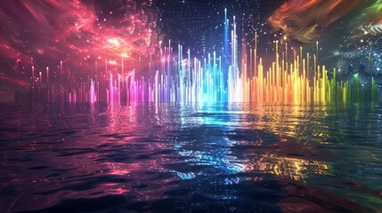 Colorful rockets bursting over the ocean, reflecting in the waves below